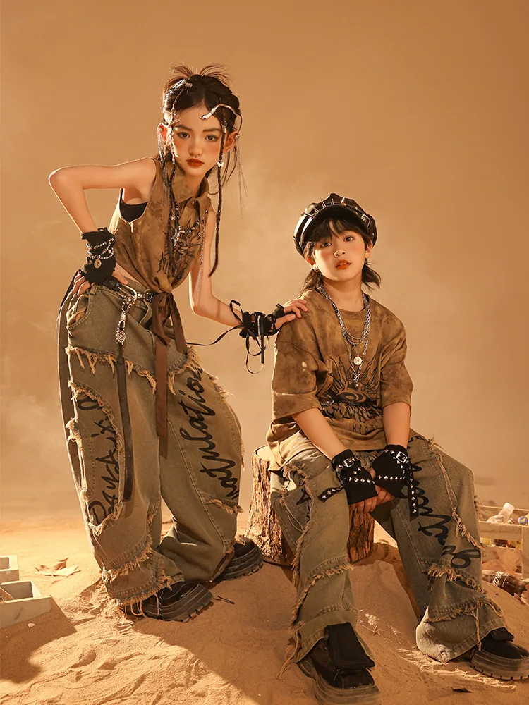 Kid Wasteland Style Hip Hop Clothing Coffee Crop Tank Top T Shirt Casual Raw Hem Jeans Pants for Girl Boy Dance Costume Clothes