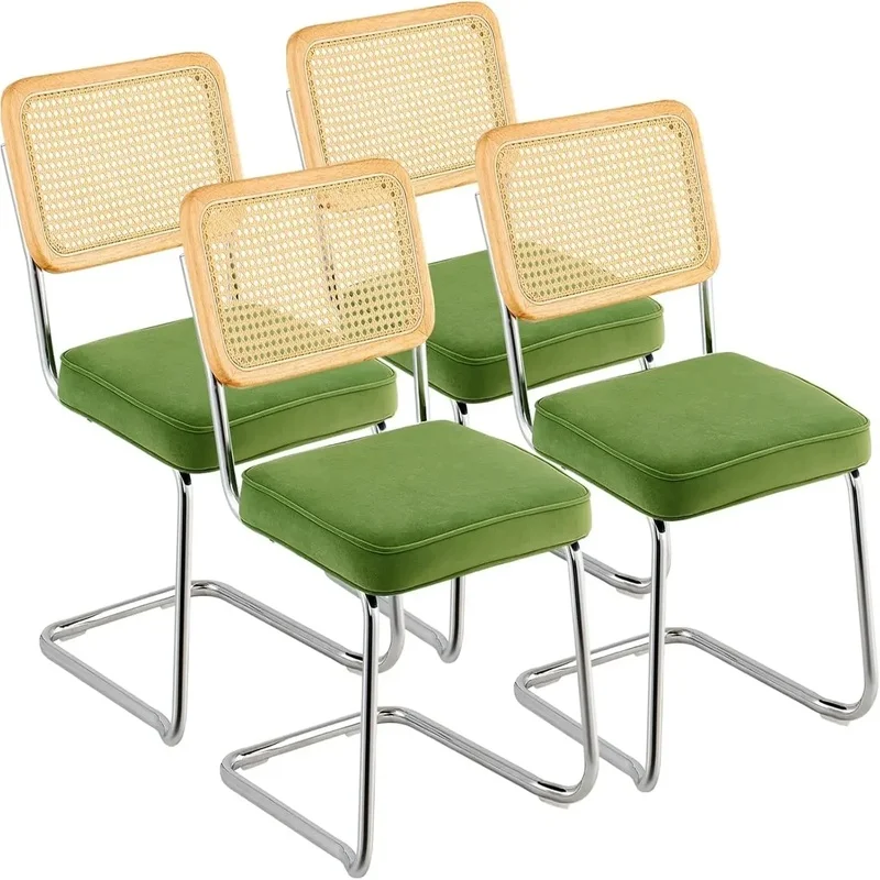 

Set of 4 Mid Century Modern Dining Chairs, Upholstered Velvet Accent Chairs with Rattan Back