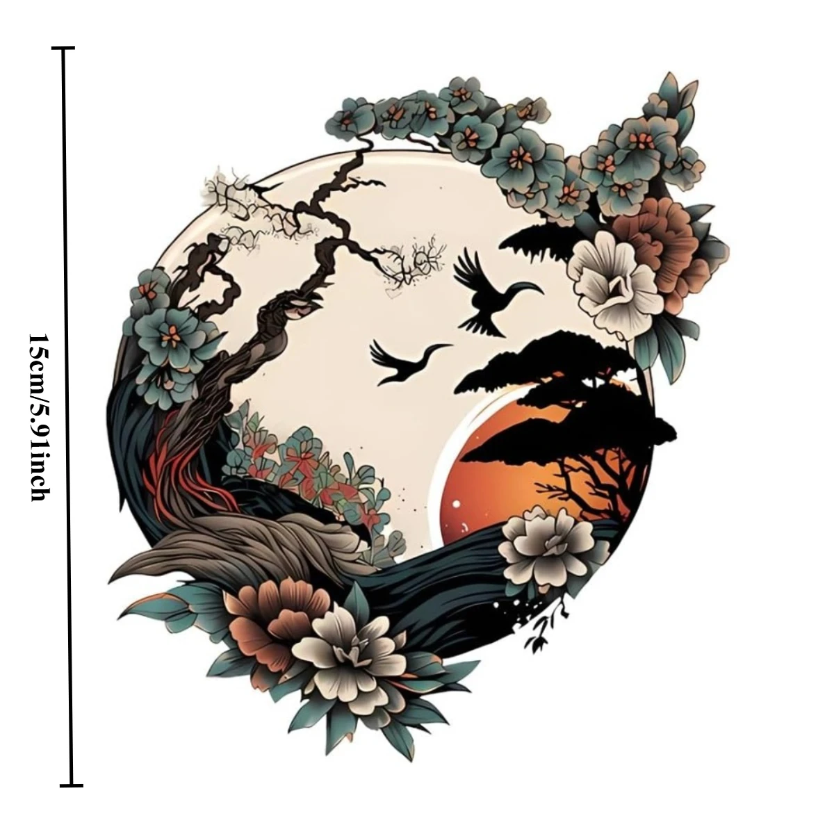 Round Vintage Sunset Pine Bird Floral Vinyl Sticker Anime Otaku Cute Cartoon Decal for Car Body Motorcycle Fridge Luggage Decor