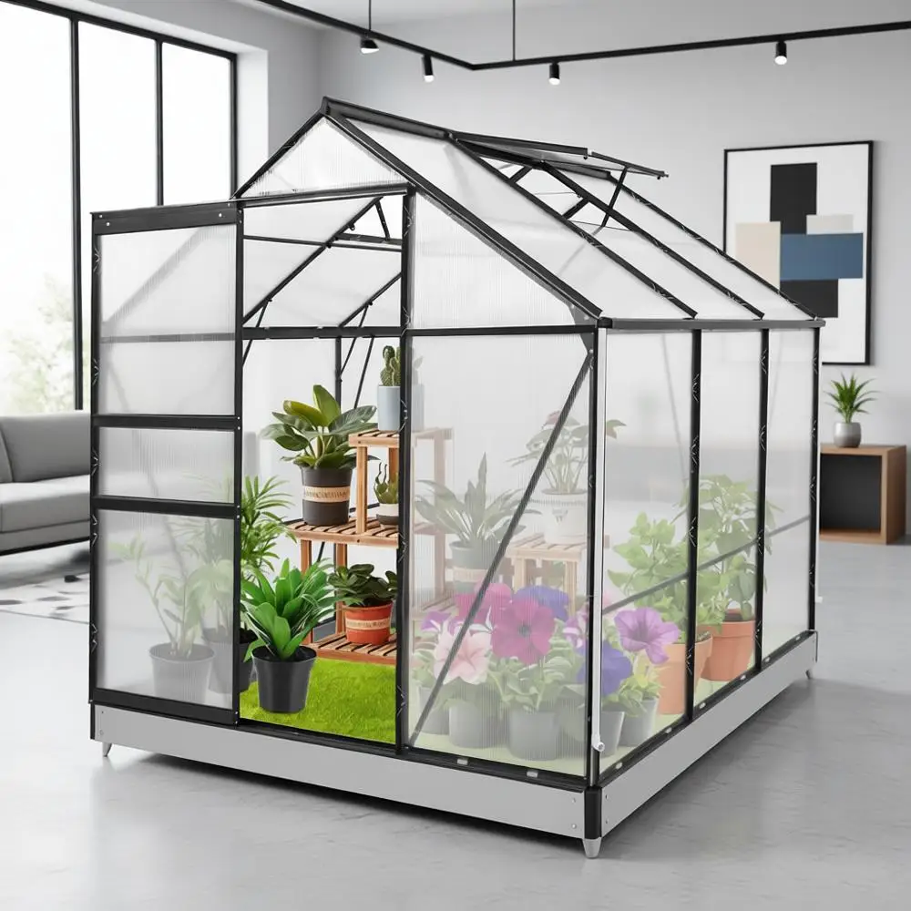 

6x6x7ft Outdoor Greenhouse with Adjustable Roof Vent, Rain Gutter, Base, and Anchor Kit for Gardening Enthusiasts