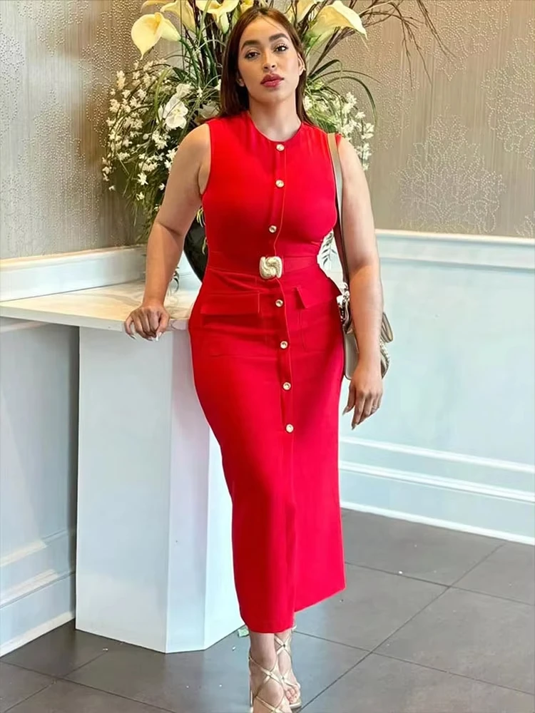 HH Damenmode-Midikleid mit Gürtel, O-Ausschnitt, einreihig, ärmellose Kleider, vorderer Schlitz, Sommer, lässiges Umstands-Outfit-Kleid