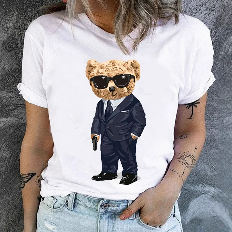 Women Cute Couple Teddy Bears Graphic T-shirt Kawaii Cartoon Bear Casual Short Sleeve Tee