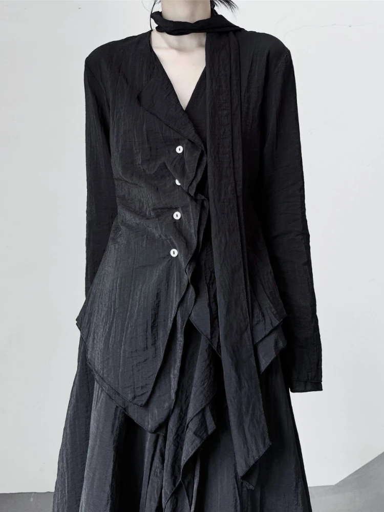 

Women's Spring Fall Asymmetrical V-Neck Blouse Minimalist Irregular Single-Button Top with Sash Detail Unique Casual Shirt