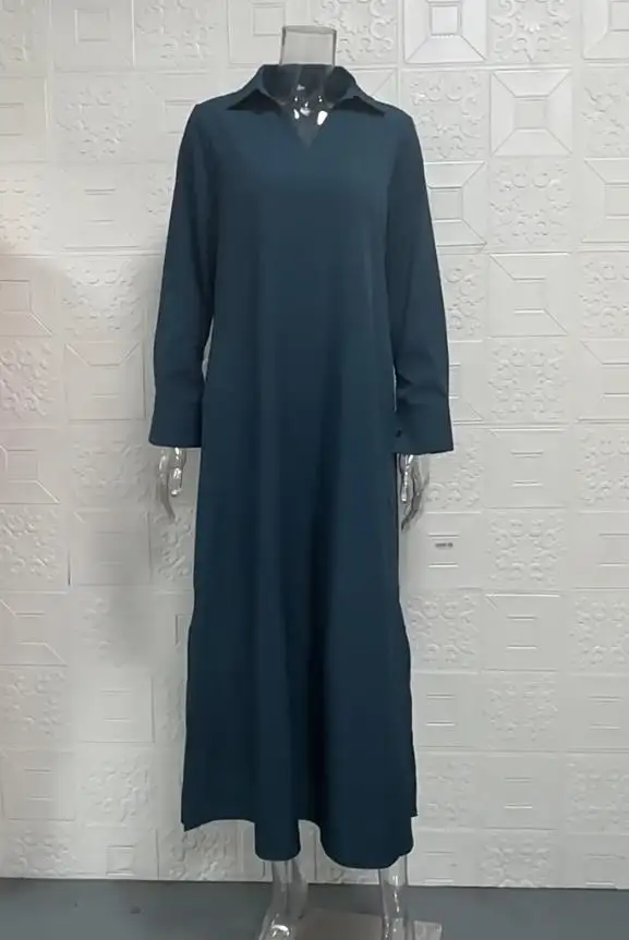 

Womens Dresses 2025 Spring Autumn New Casual Solid Color Loose V-Neck Long Sleeved Pocket Design Turn-Down Collar Long Dress