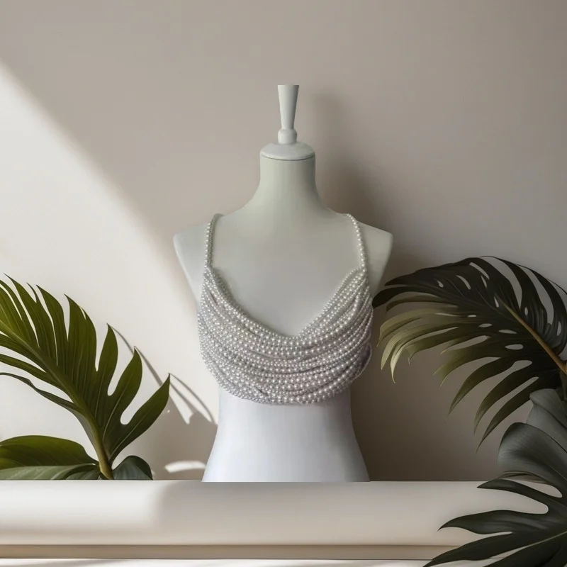 Luxuriöses, gestapeltes Kunstperlen-Bodytop mit verstellbaren Trägern, Perlenkette, Crop-Harness, Abend-, Cocktail-, Strand- und Fotoshooting-Körperaccessoire – Detail 1