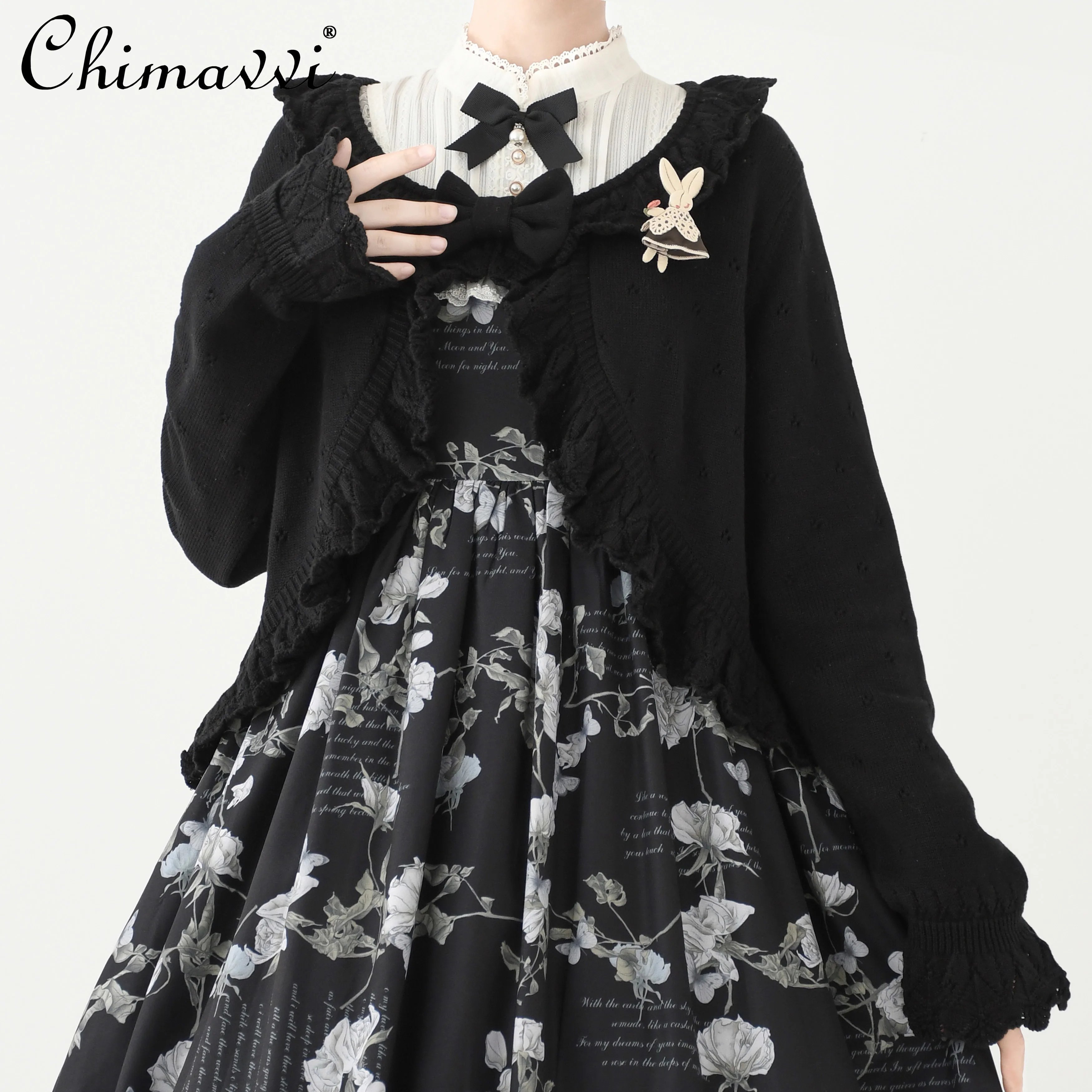 Lolita Sweet Sweater Cardigan Jacket New 2024 Autumn and Winter Cute Girl Loose Retro Long-sleeved Knitted Cardigan Y2k Coat