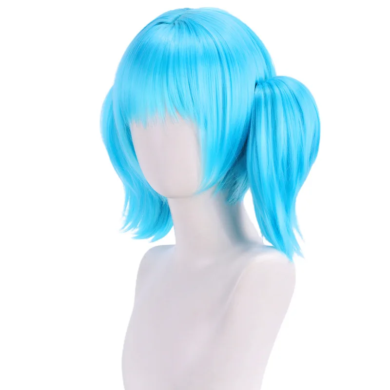 Peluca azul para Sally Face Cosplay, pelo corto, Anime Sythetic Party con 2 colas de caballo