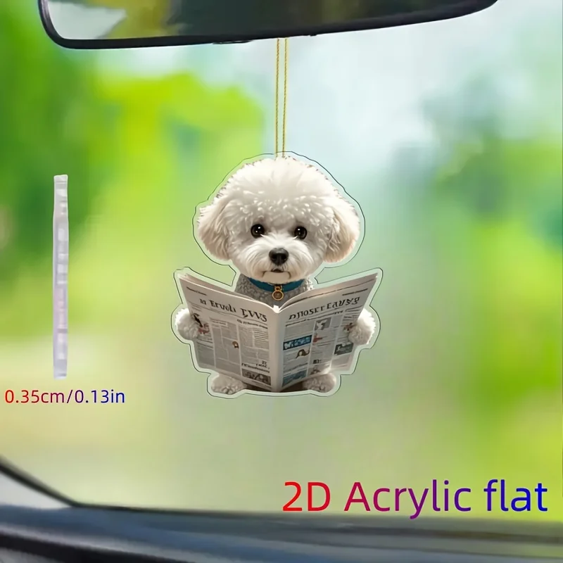 Adorable Modern White Bichon Holding Newspaper Acrylic Ornament Car Mirror Holiday Party Christmas Tree Home Backpack Decor