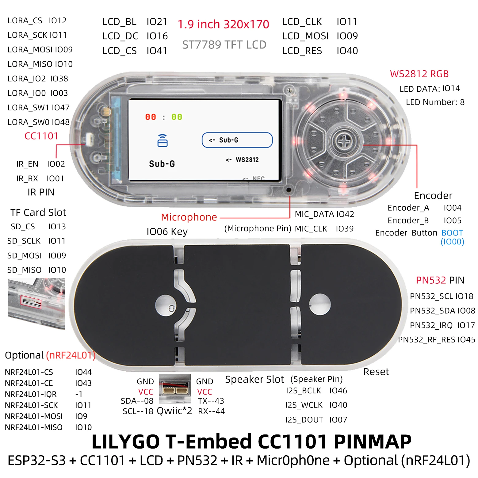 LILYGO® T-Embed ESP32-S3 cc1101 Low-Power-Sub-1 GHz HF-Transceiver pn532 nfc rfid i2c Modul LCD-Karte eingebaute Batterie 1300mah – Detail 5
