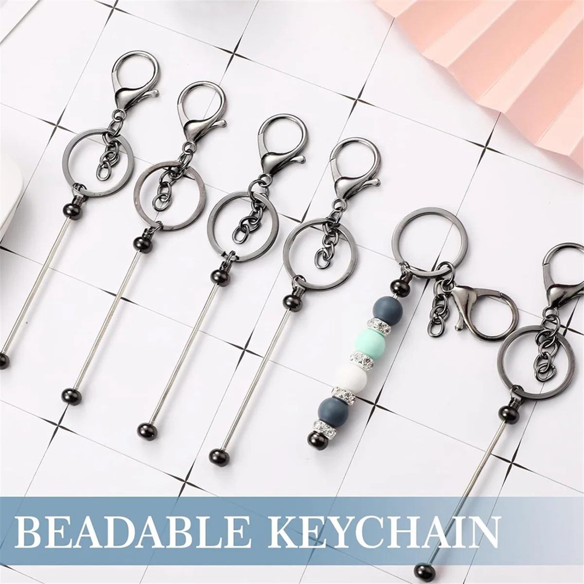 12 Pcs Beadable Keychain Bars for Beads Blank Keychain Metal Beaded Keychain for Keychain DIY Projects Pendant Jewelry