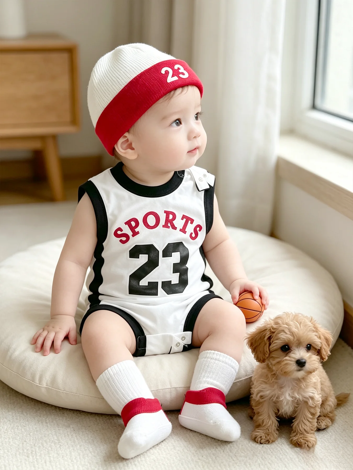Nein. 23 Rot-weißes, farblich abgesetztes, ärmelloses 3-teiliges Activewear-Set aus Baumwolle für Baby-Jungen – ein lustiges und verspieltes Geschenkset für Fotoshootings – Detail 6