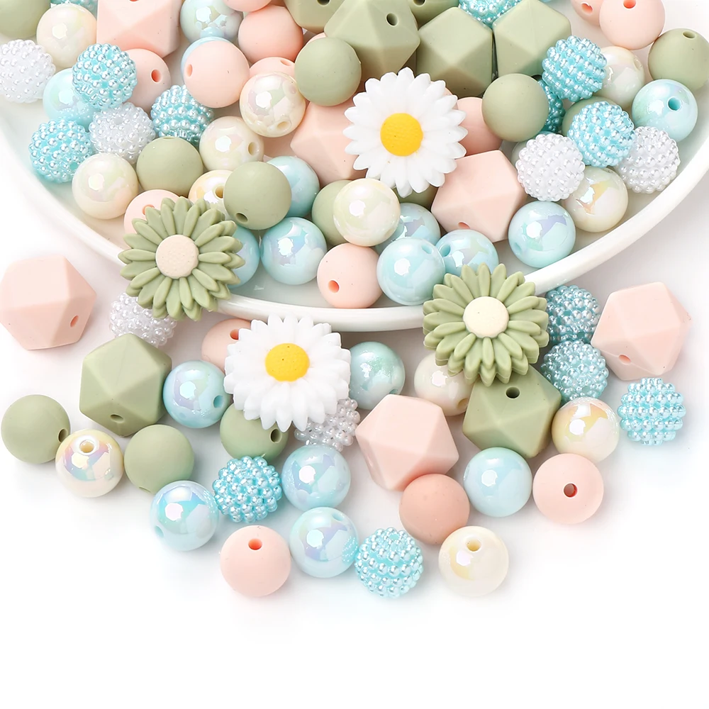 

70Pcs Silicone Beads Set Round Octagonal Daisy Shape Bead For DIY Pacifier Chains Bracelet Necklace Jewelry Making Accessories