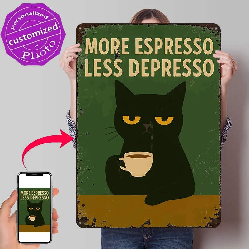 More Espresso Less Depresso Cat Poster Retro 3D Printed Metal Signs Customized Wall Hanging Gift for Home Decoration Ornaments