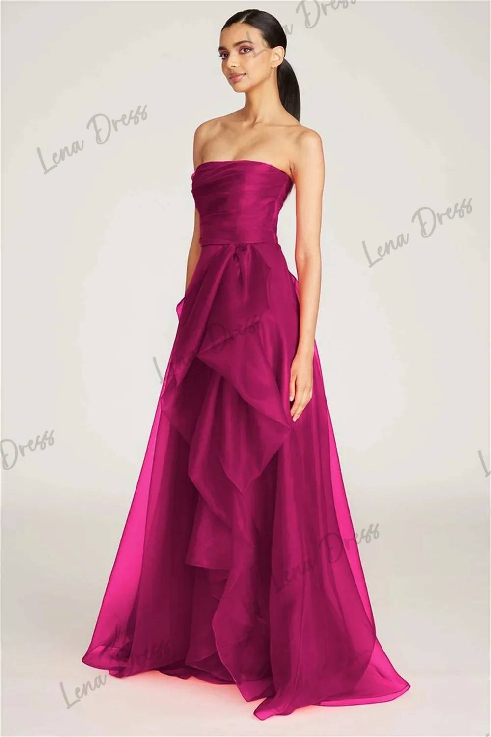 Lena-Red off shoulder A-line ball dress with side high slit and high low strapless sheer vest