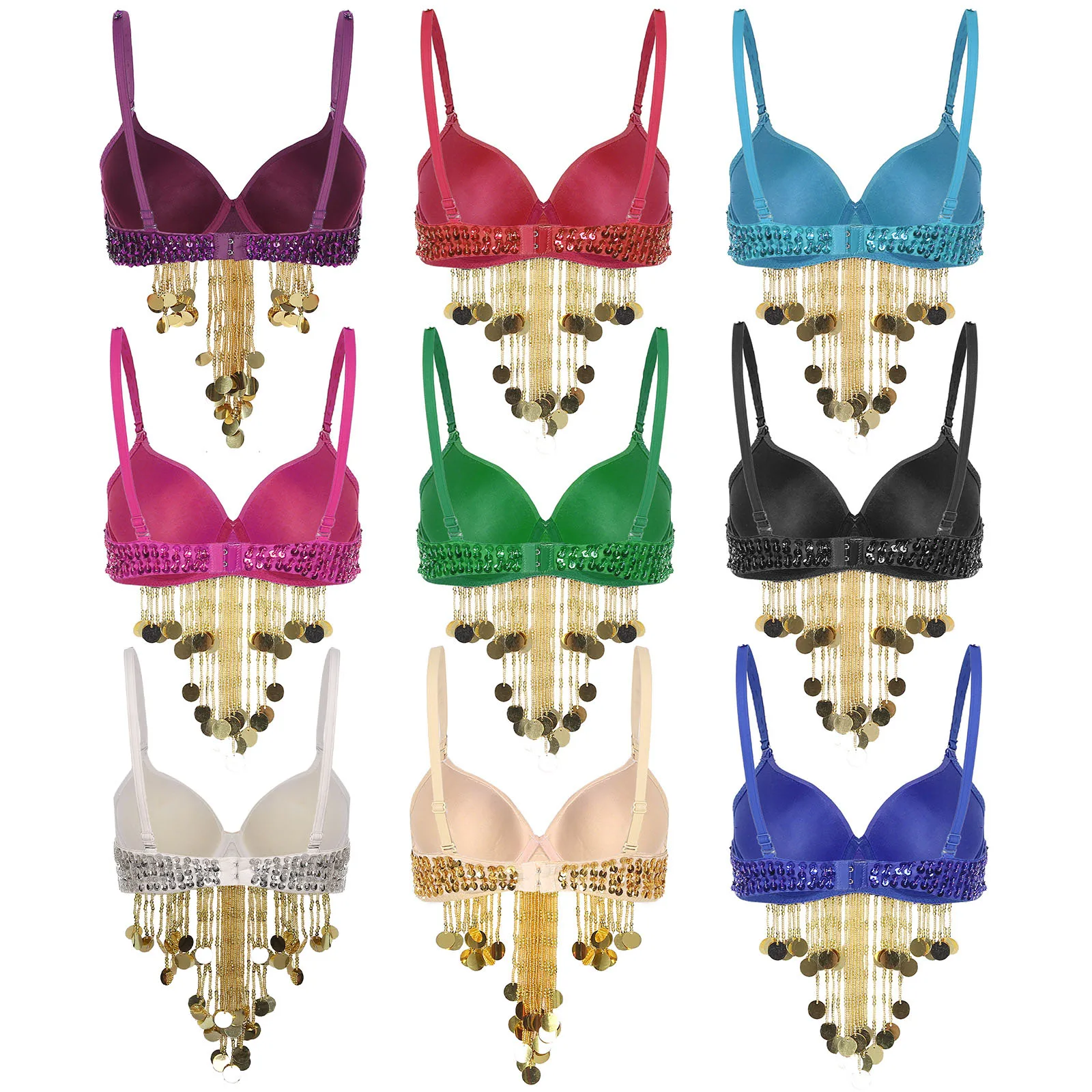 Costume da danza del ventre da donna, spalline regolabili sexy, paillettes lucide, nappe con perline in plastica, reggiseno di carnevale con ferretto