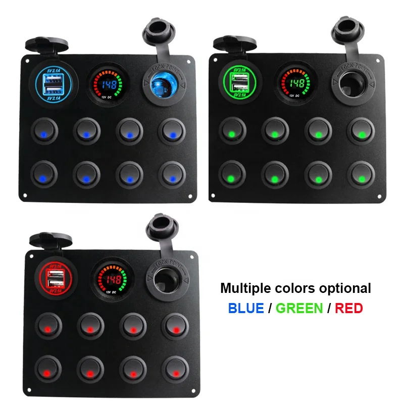 Waterproof DC 12V 24V Panel for Marine Car Boat 8 gang Led Rocker Switch 4.2A USB Charger Rocker Switch Control Panel