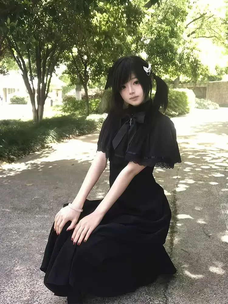 2025 여름 슬림 레이스 드레스 여성 하이 스트리트 빈티지 보우 얇은 블랙 드레스 여성 패션 디자인 새로운 솔리드 의상