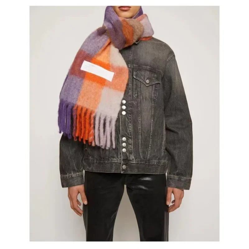 AC@ Vally Wool Rainbow Scarf Colorful Checkered Scarf Mohair Fringe Alpaca Wool Scarf Nordic Style 2024 Winter