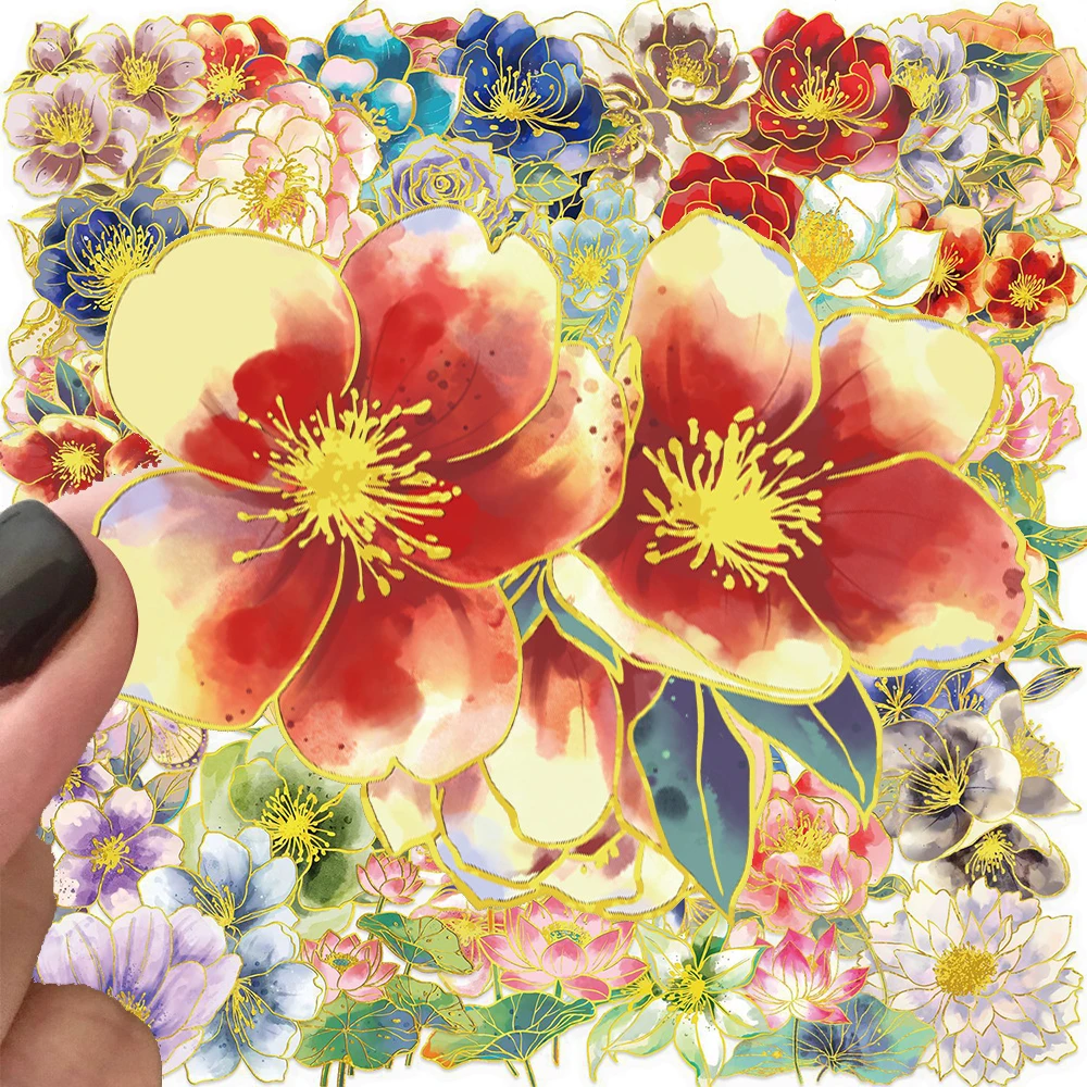 

10/30/50pocs Gold Stamping Transparent Elegant Floral Stickers Aesthetic DIY Motorcycle Suitcase Phone Cute Flowers Sticker Pack