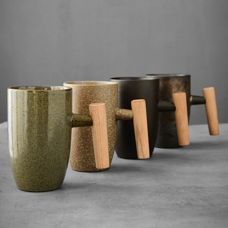 Ceramic Coffee Creative Style Kiln Turned Wooden Handle Large Capacity Office Water Cup Vintage Milk Cup