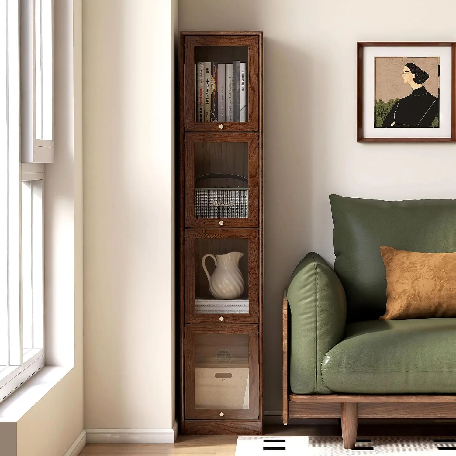 Oak Narrow Bookcase 4 Tier Slim Storage Cabinet with Glass Flip-Up Doors, Display Cubes for Home Office Gap, Customized