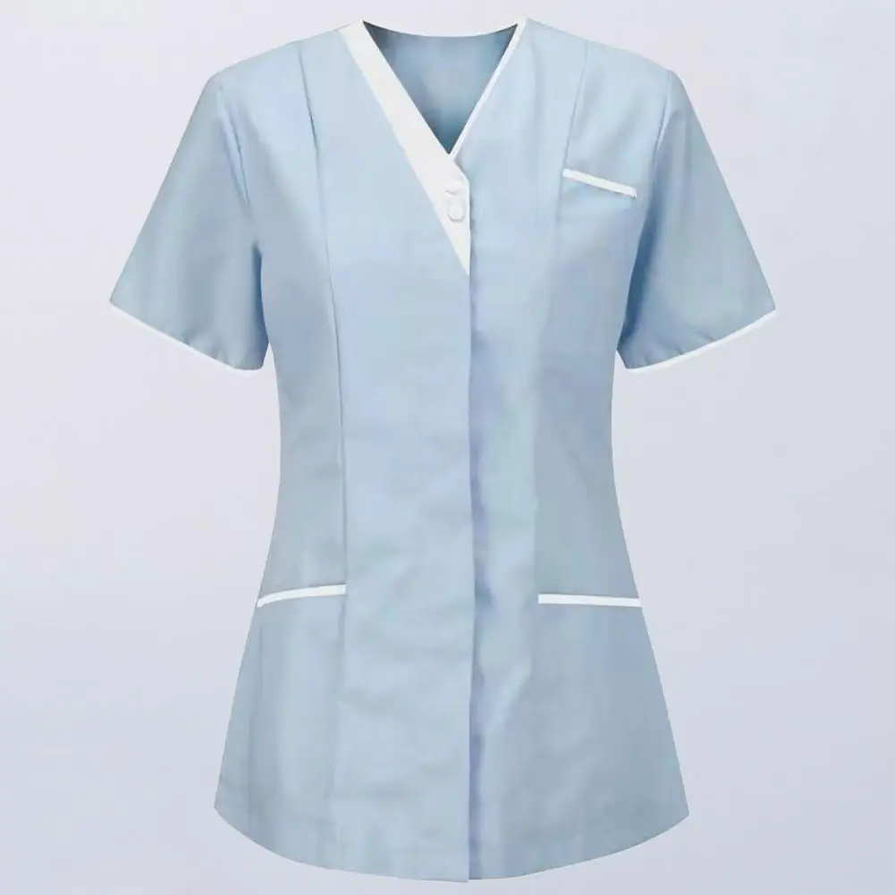 Nurse Uniform Scrubs Tops Women Pockets Overalls Uniforms V-neck Short Sleeves Pockets Patchwork Color Nurse Uniform Scrubs Tops