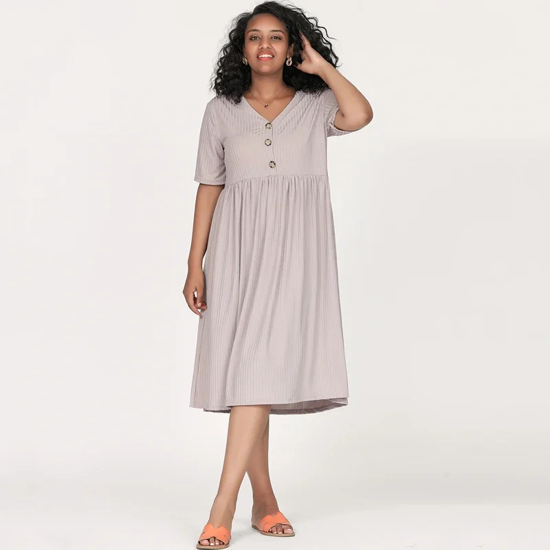 Plus Size Half Sleeve Summer Elegant Midi Dress Women Button Front V-neck Loose Swing Dress Large Size Ribbed Casual Flare Dress