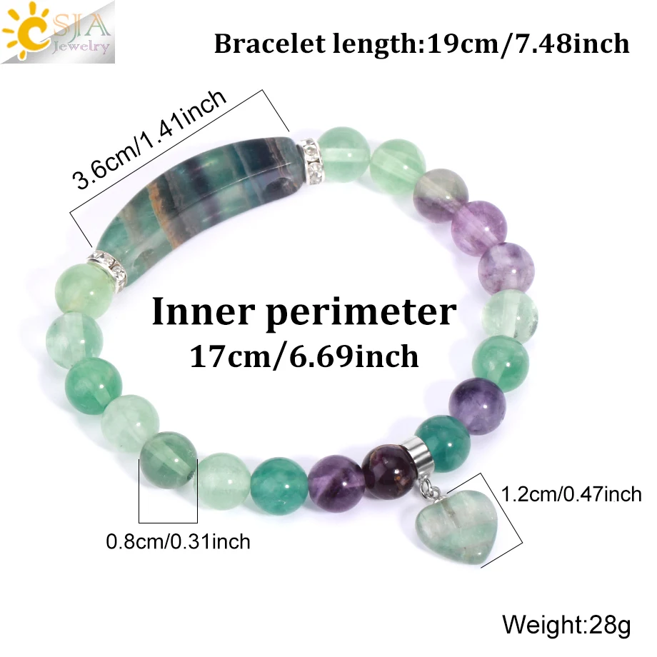 CSJA Reiki Fluorite Crystal Bracelet Natural Stone 8mm Beads Bangle Heart Charm Lucky Stretchy Mala Bangles Healing Jewelry H176