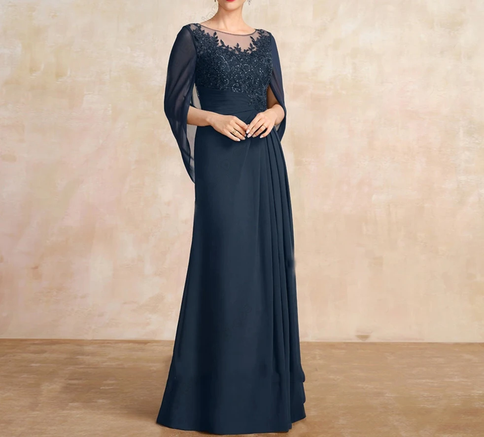 

O-Neck Straight Dress Mother of The Bride Chiffon Applique Cloak Dress Mother Dress for Wedding Party