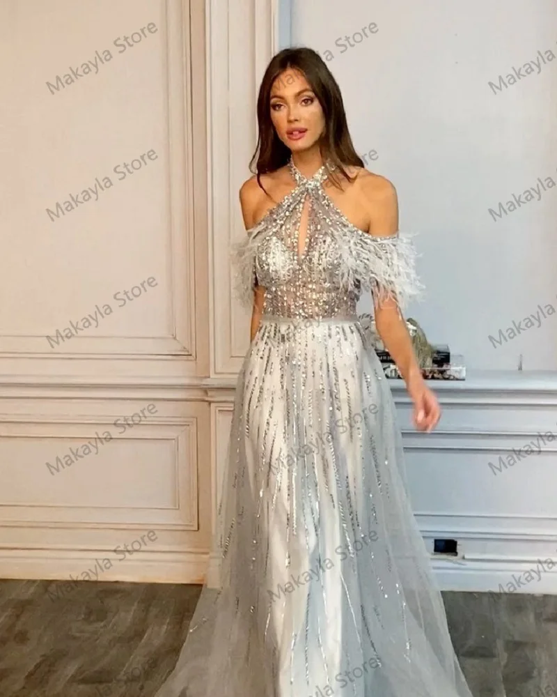 Elegant Long Prom Dresses Luxury Halter Feathers Cap Sleeves Sequin Shiny Tulle A-line Women Formal Evening Party Gowns Custom