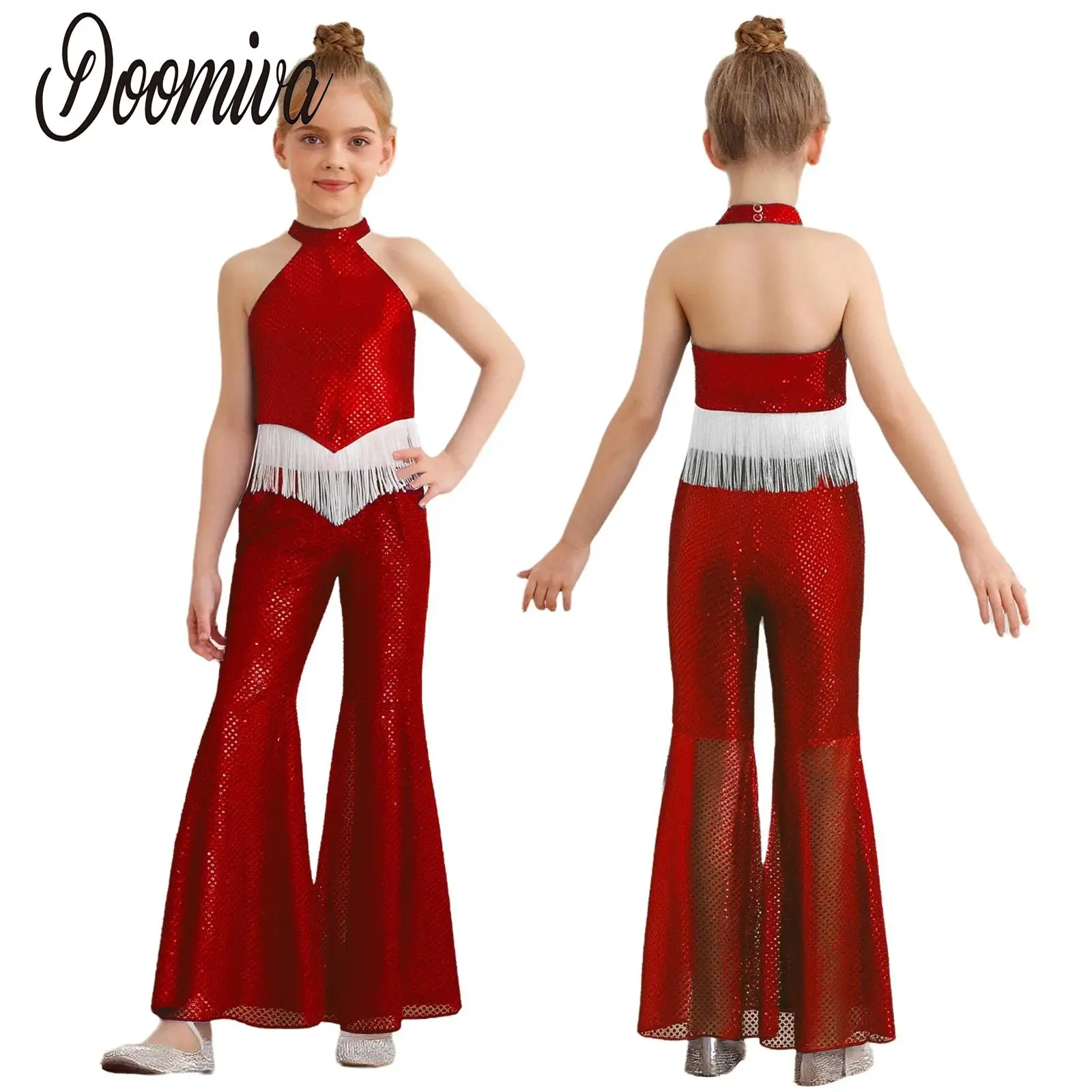 

Kids Girls 2pcs Sparkly Sequins Disco Costume Outfit Jazz Tango Dance Dresses Halter Sleeveless Crop Top with Bell-Bottom Pants