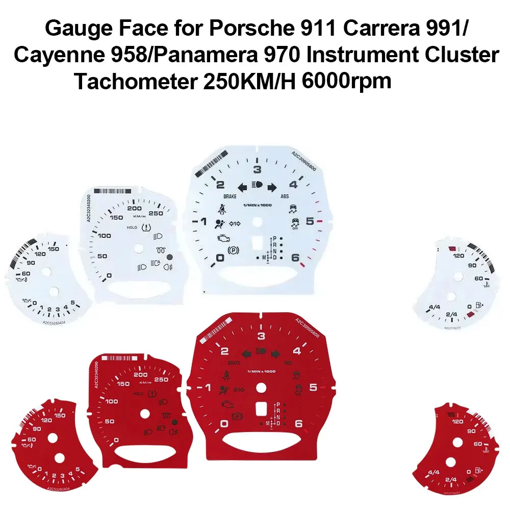 250KM/H 6000rpm  Gauge Face Overlay for Porsche 911 Carrera 991 Cayenne 958 White And Red Color