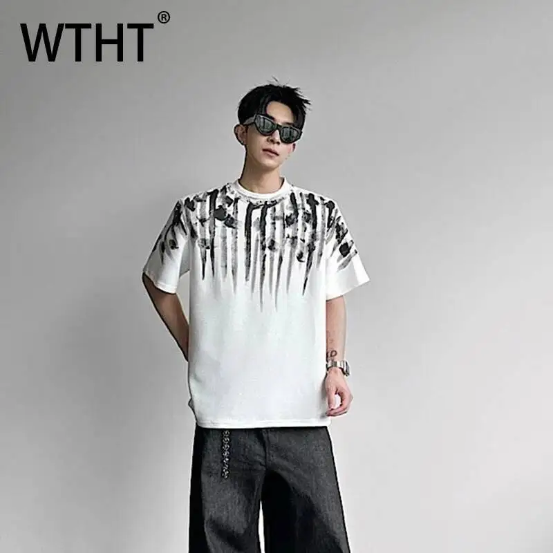 WTHT Fashion Men's Graffiti Do Old Shoulder Pads Loose T-shirts Vintage High Street Round Collar Tops Male 2026 Summer 2A3039