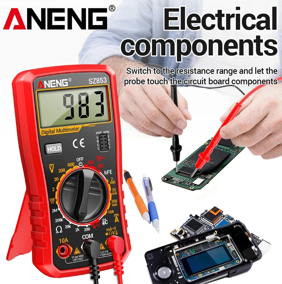 

Мультиметр ANENG SZ853 высокоточной серии с функцией удержания данных, индикатором низкого заряда батареи, питанием от батареи 6F22. Идеально подходит для домашнего использования и ремонта.