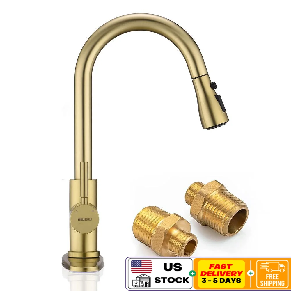 صنبور المطبخ المصقول الذهب مقبض واحد سحب أسفل البخاخ 3 أوضاع إعداد توقف تدفق رذاذ عالية القوس قطب تصميم الفولاذ المقاوم للصدأ
