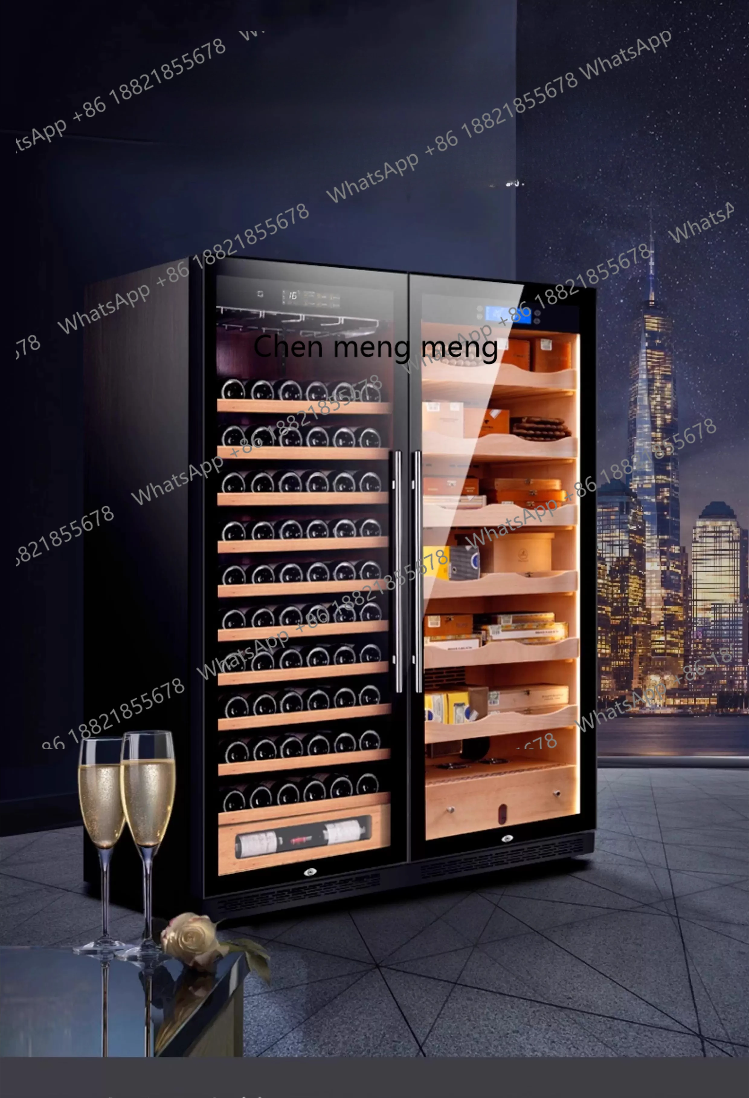 

Custom Double Door Cigar Cabinet with Integrated Wine and Cigar Storage, Temperature and Humidity Control Cabinet