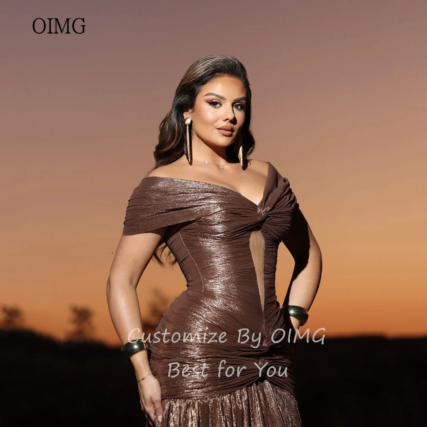 

OIMG Brown Off The Shoulder A Line Prom Gowns Textured Pleated Party Gown Long Evening Dress vestidos de festa Customized