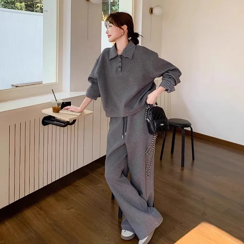 

Grey Casual Sports Suit Women's Spring and Autumn New Fashion Top Wide Leg Pants Two-piece Set