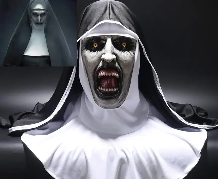 The Nun Horror Mask Cosplay Scary Latex Masks with Headscarf Veil Hood Full Face Helmet Costume Prop Halloween Carnival Dress Up