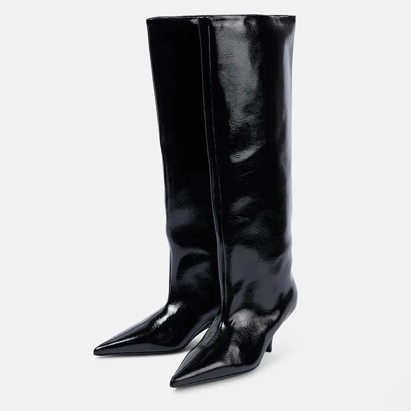 Women Pointed Toe Low Heeled Shoes for Woman's Slip-On Knee High Europe America Botas Mujer 2025 Winter Motorcycle Long Boots