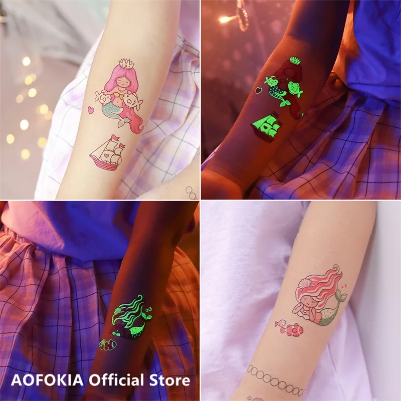 24ชนิดการ์ตูน Luminous Tattoo ชั่วคราวกันน้ำเด็ก Mermaid Ocean ปลาปลาวาฬปลาโลมา Octopus สติกเกอร์ทิ้ง