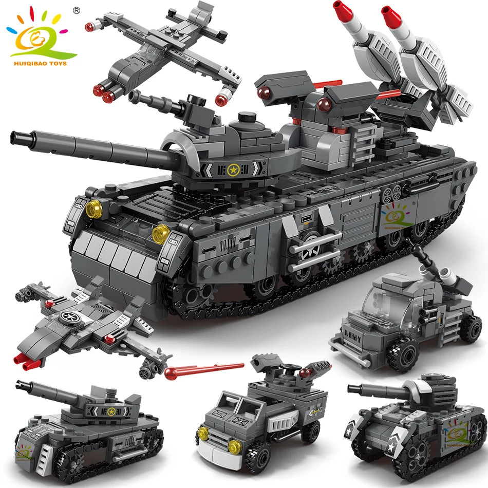 HUIQIBAO WW2 Military Tank 648pcs 6in1 Building Blocks Set Truck Plane Army Bricks City Construction Toy For Children Kids Game