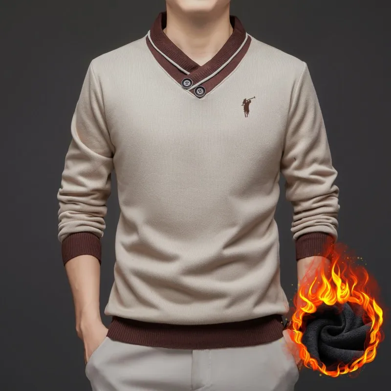 

2025 New Autumn and Winter Thick Suede Men's Button Up V-neck Long Sleeved T-shirt Knitted Sweater Versatile Wool Sweater