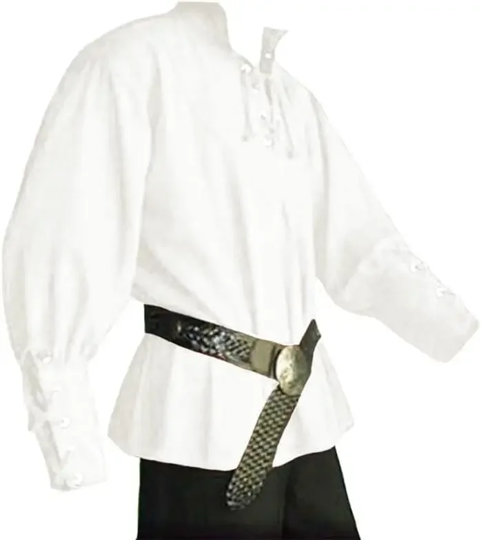 Men\'s Medieval Pirate Costume-Vintage Bandage Blouse-Mercenary Scottish Wide Cuff Shirt-Long Sleeve Top