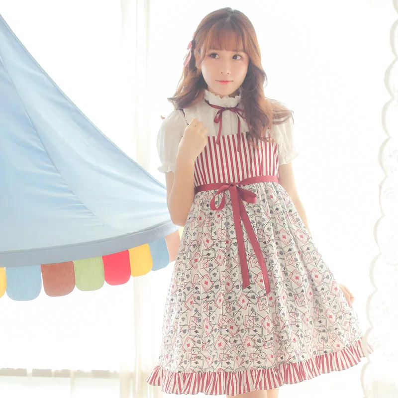 オリジナルドリーデリーロストアリス-ポーカーパターン-ロリータドレス-jsk-コットン-スイートスタイル-ミッドウエスト-ワンピース-サマーミディスカート