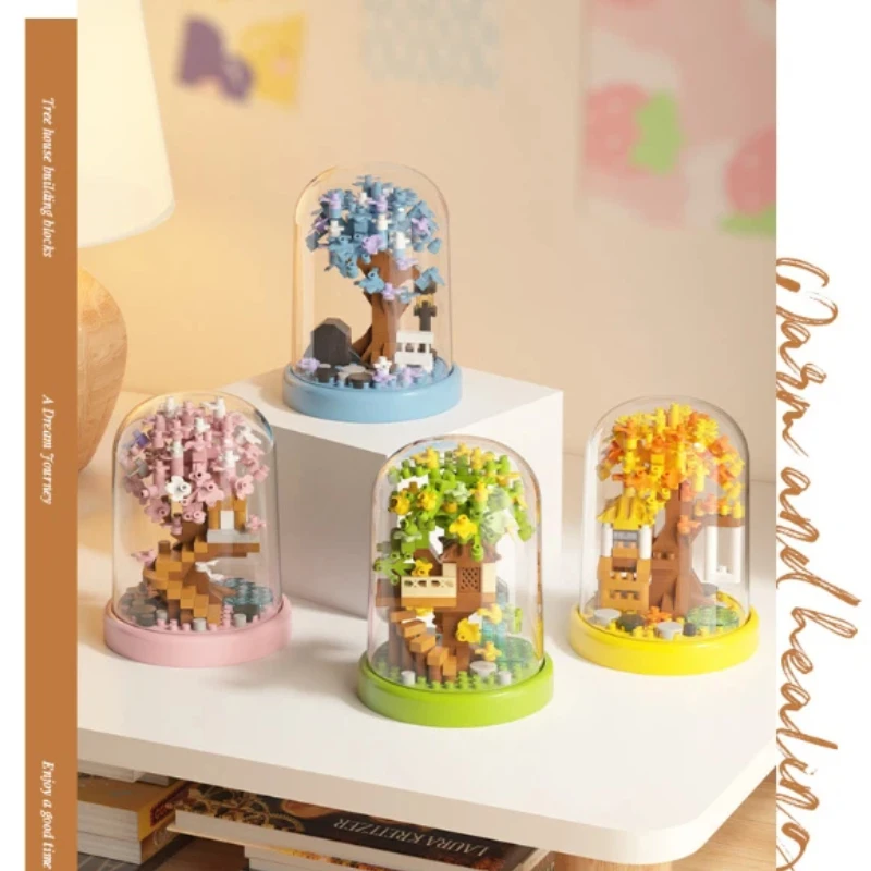 

Jihui Micro Particle Building Blocks Four Seasons Tree House Assembled Display Dome Creative Desktop Decor For Adult Hobby