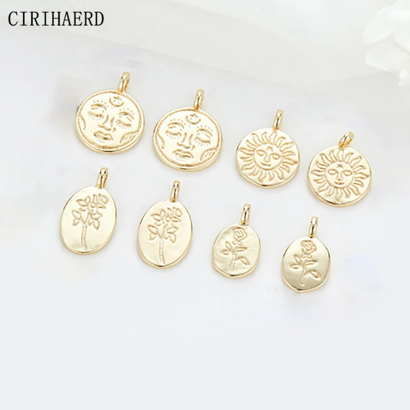 14K Gold Plated Brass Metal Flower Charms Vintage Round Card Sun Face Pendant DIY Jewelry Accessories Supplies Necklace Pendants