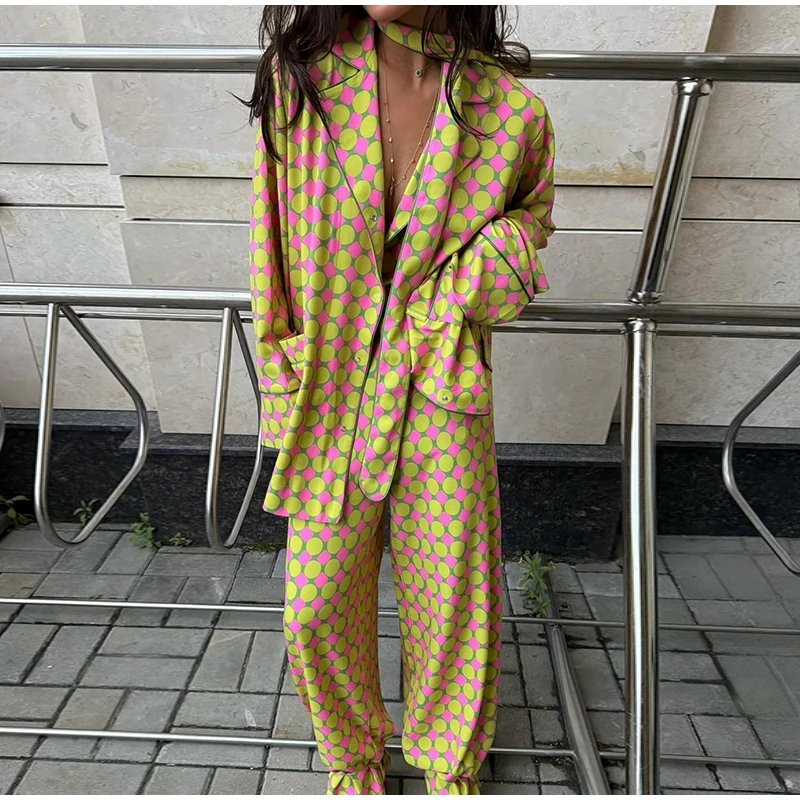 Vintage Damen Blusen-Hosen-Sets mit Print, locker geschnittenes Hemd mit langen Ärmeln und Knopfleiste, Hose mit weitem Bein, Herbst- und Urlaubsanzüge 2026 – Detail 7
