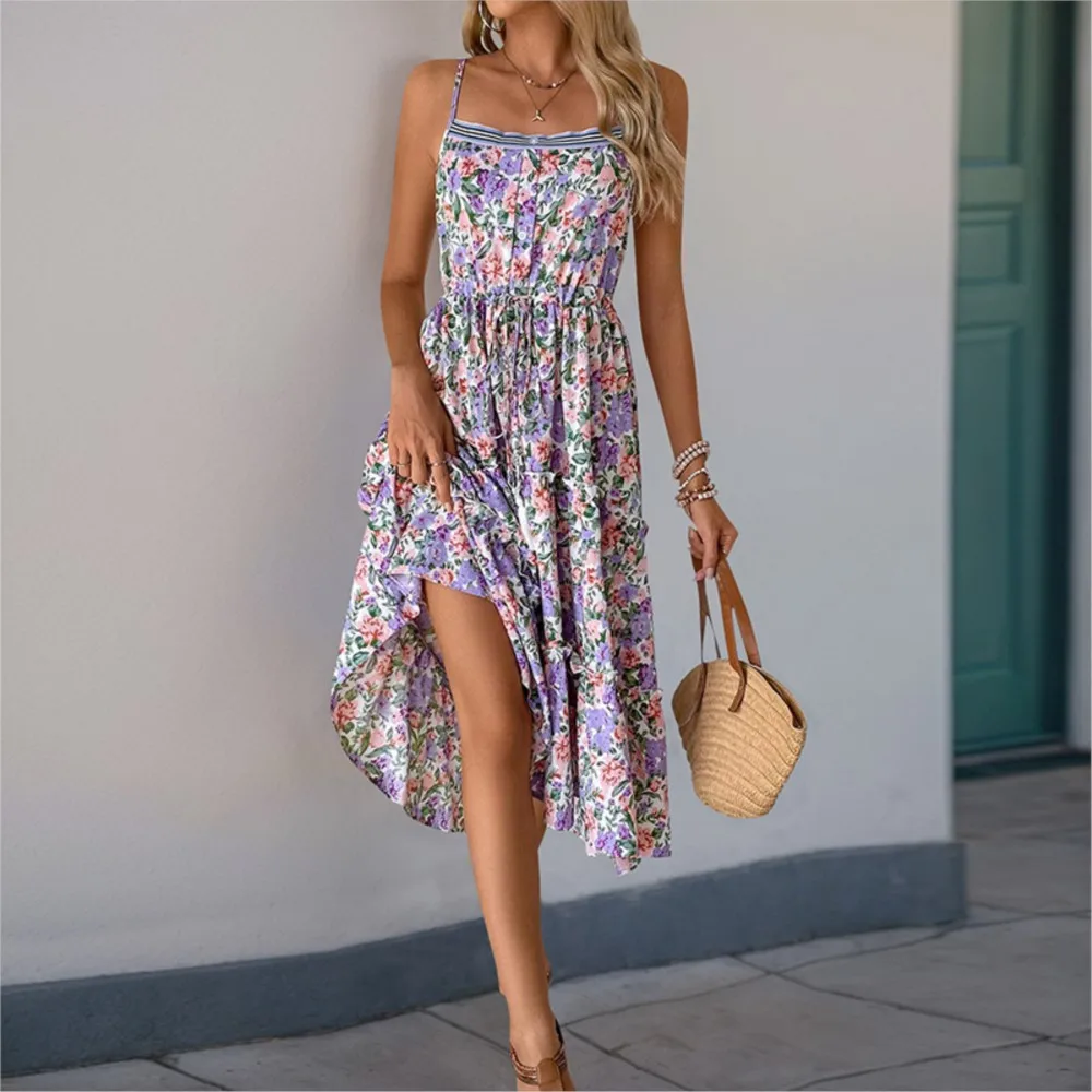 Novo europeu e americano casual em camadas camisola saia com cordão floral impressão vestido elegante mujer 2025 roxo