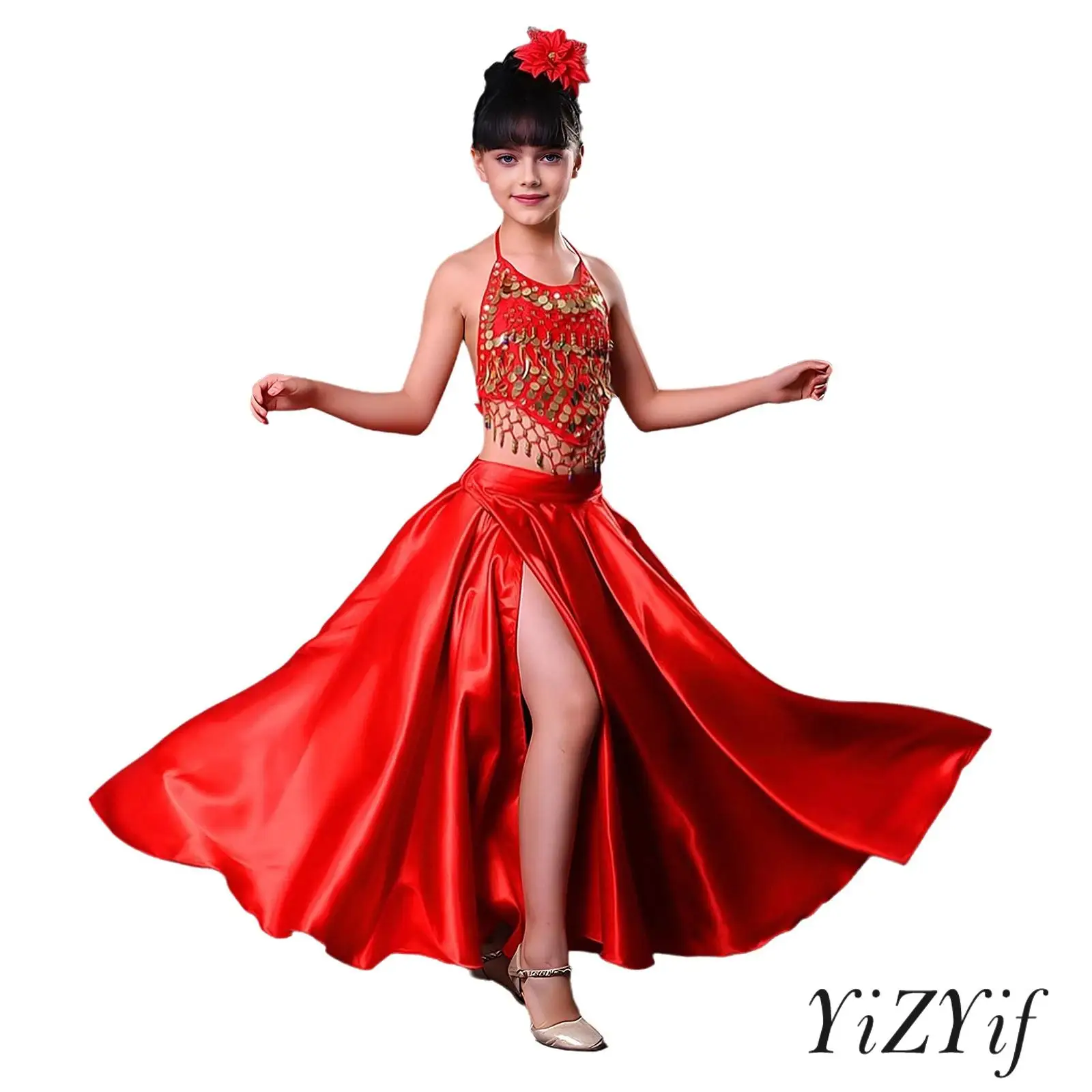 Czerwona spódnica satynowa dla dziewczynek z rozcięciem po boku, szerokim dołem, zapinana na rzep, spódnice do tańca flamenco i tańca towarzyskiego.